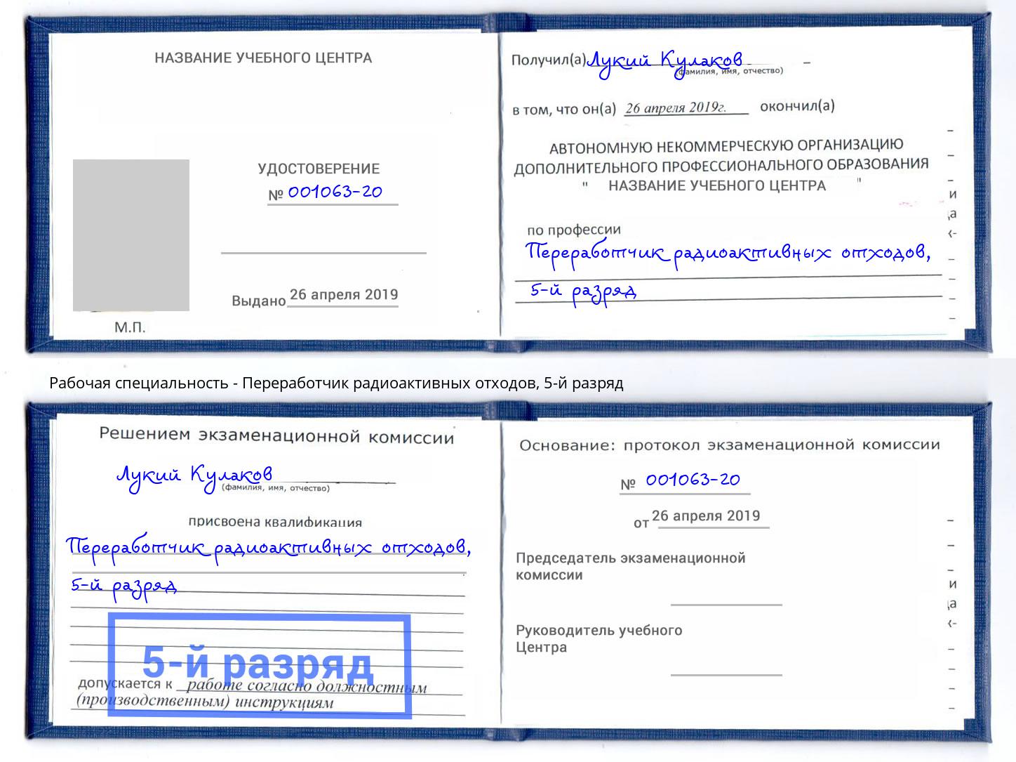 корочка 5-й разряд Переработчик радиоактивных отходов Буйнакск