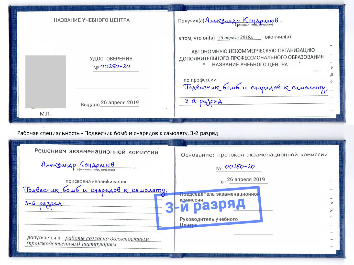 корочка 3-й разряд Подвесчик бомб и снарядов к самолету Буйнакск
