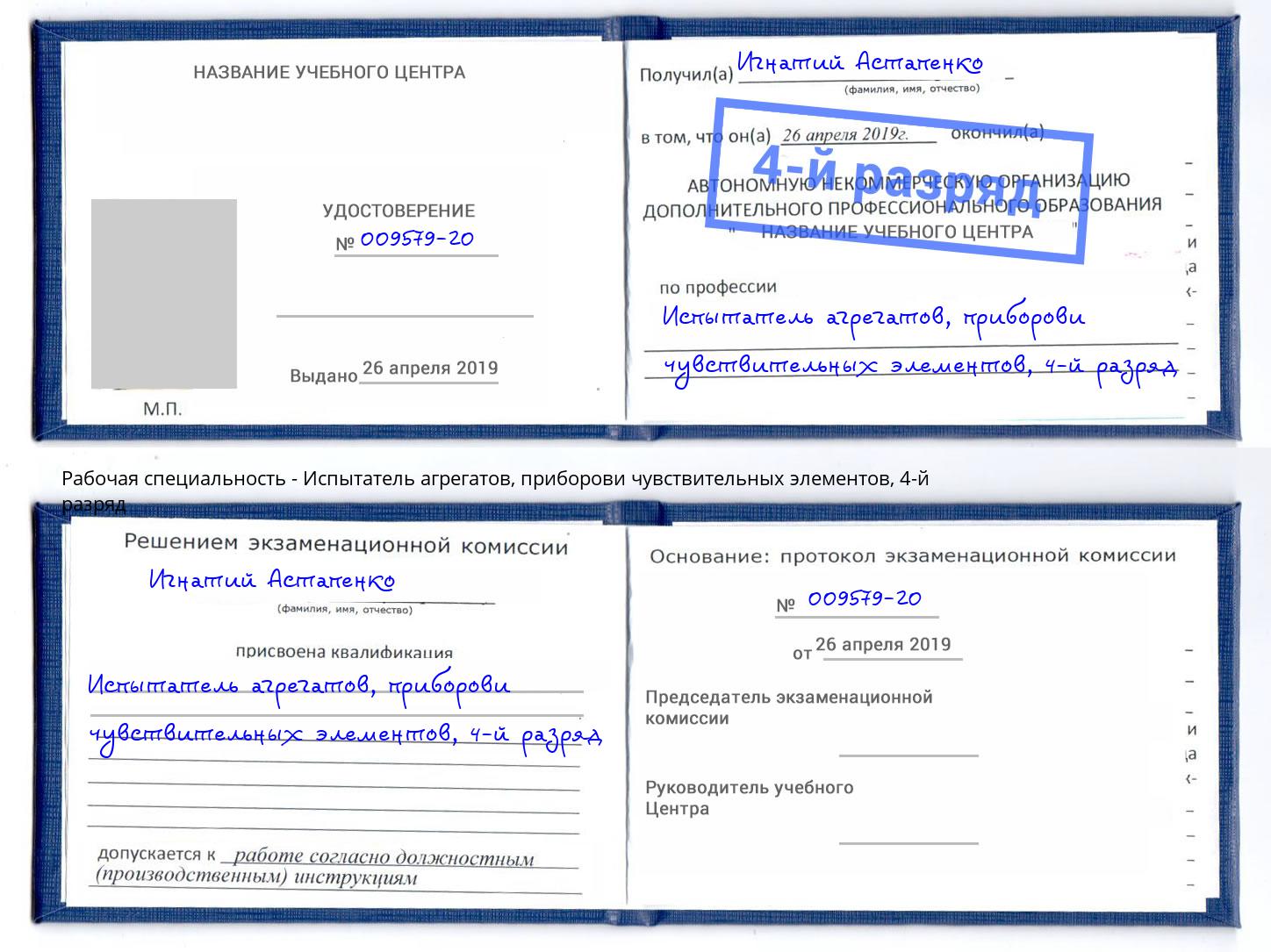 корочка 4-й разряд Испытатель агрегатов, приборови чувствительных элементов Буйнакск