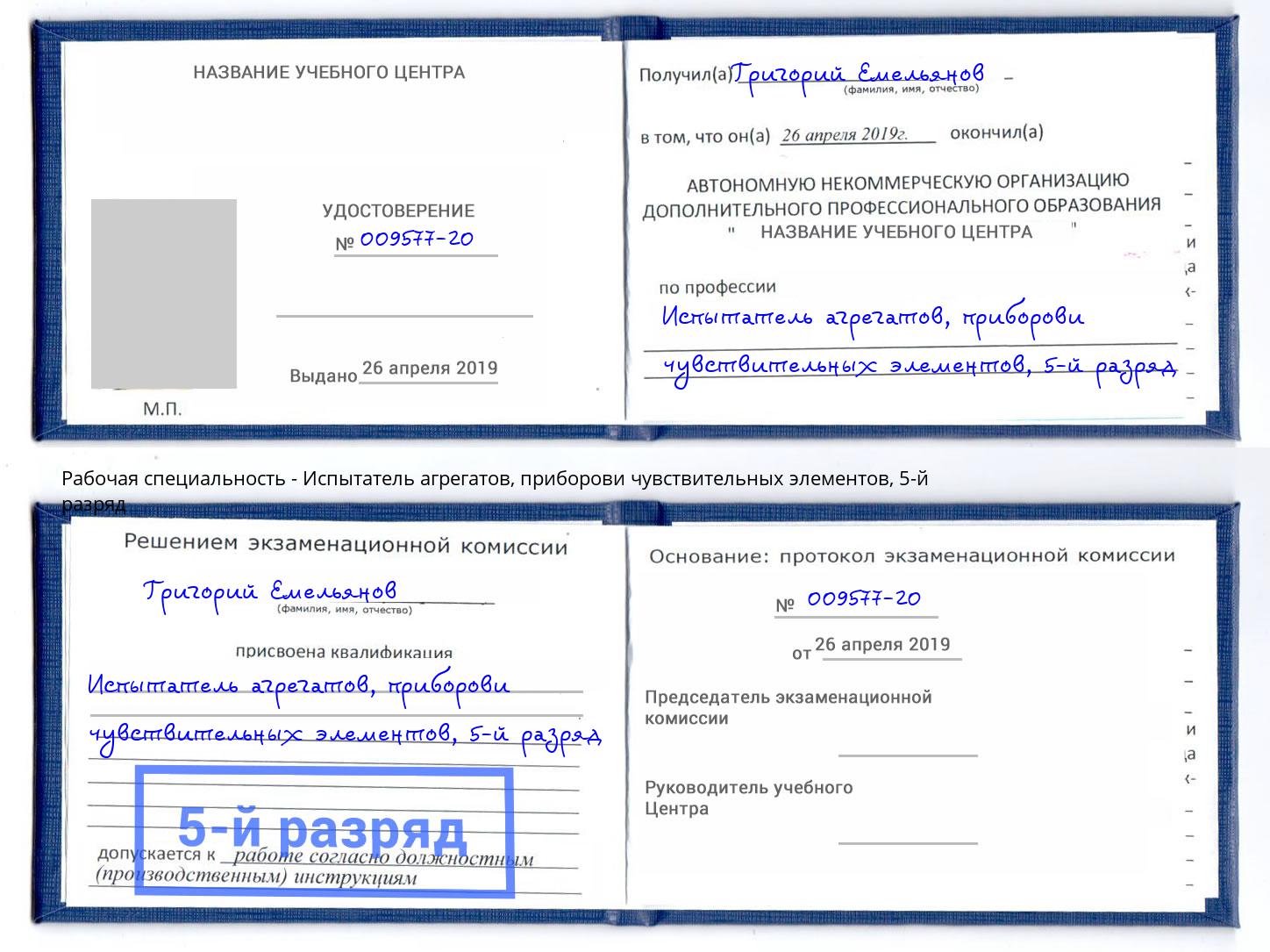 корочка 5-й разряд Испытатель агрегатов, приборови чувствительных элементов Буйнакск