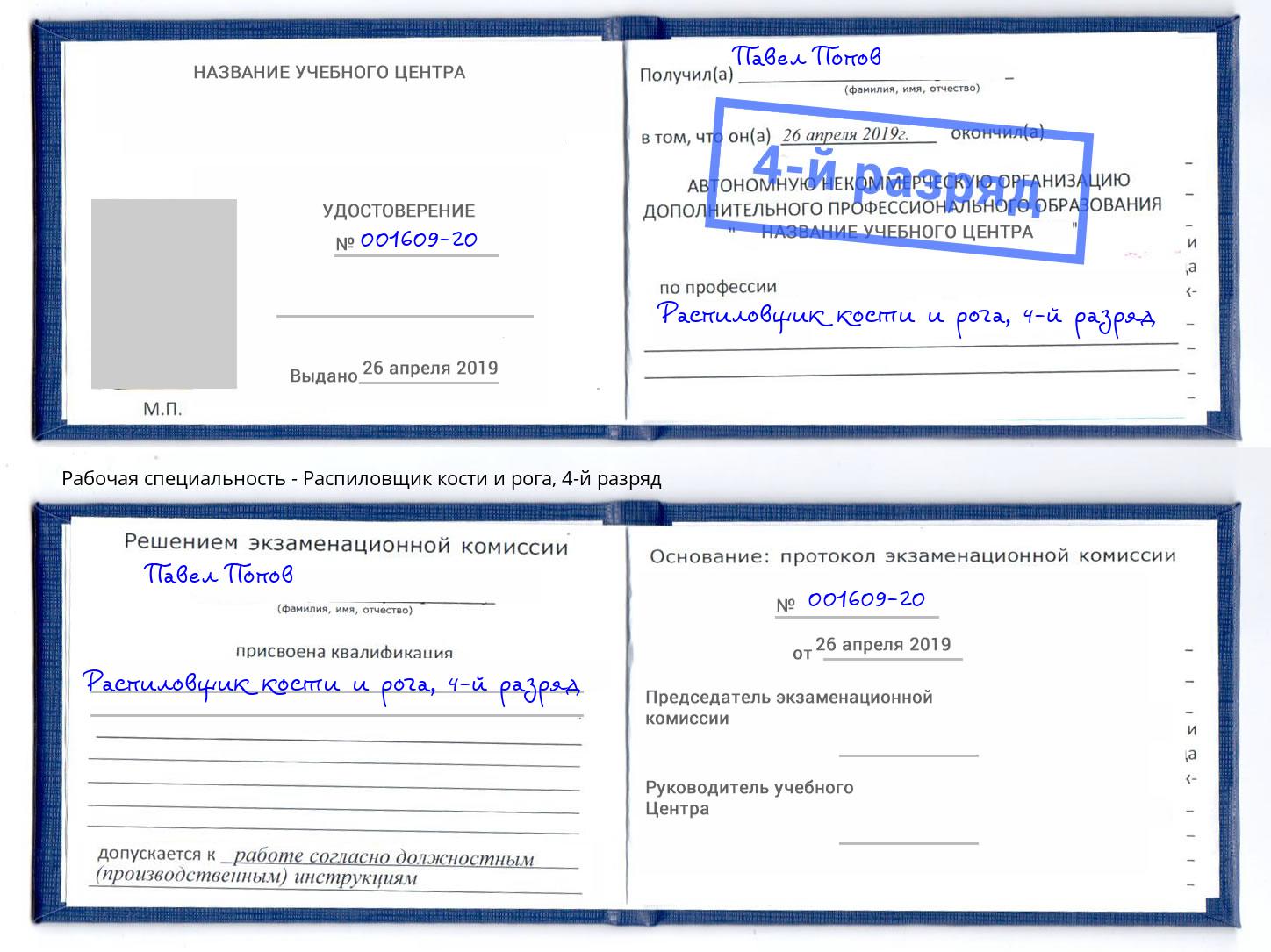 корочка 4-й разряд Распиловщик кости и рога Буйнакск