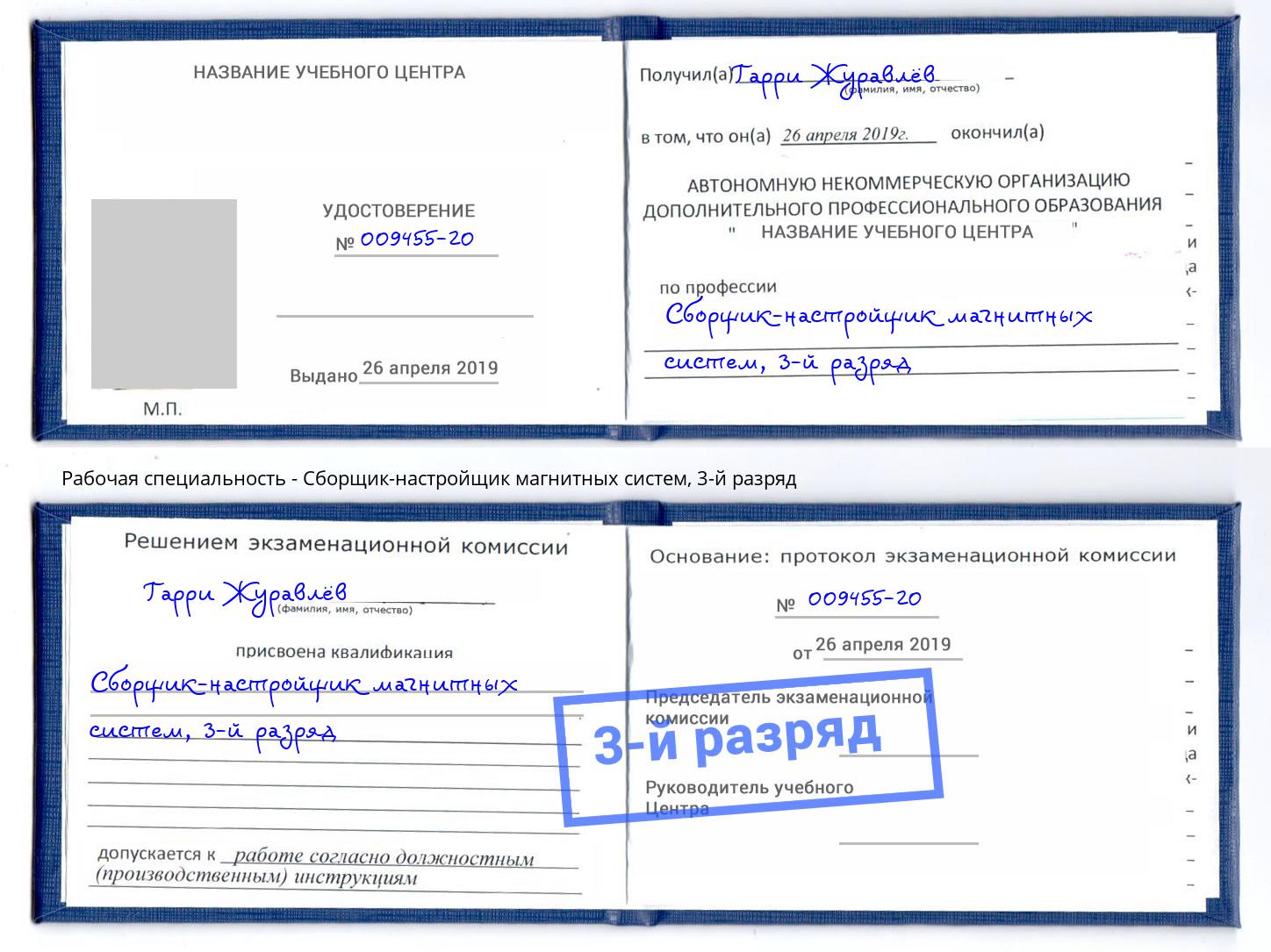 корочка 3-й разряд Сборщик-настройщик магнитных систем Буйнакск