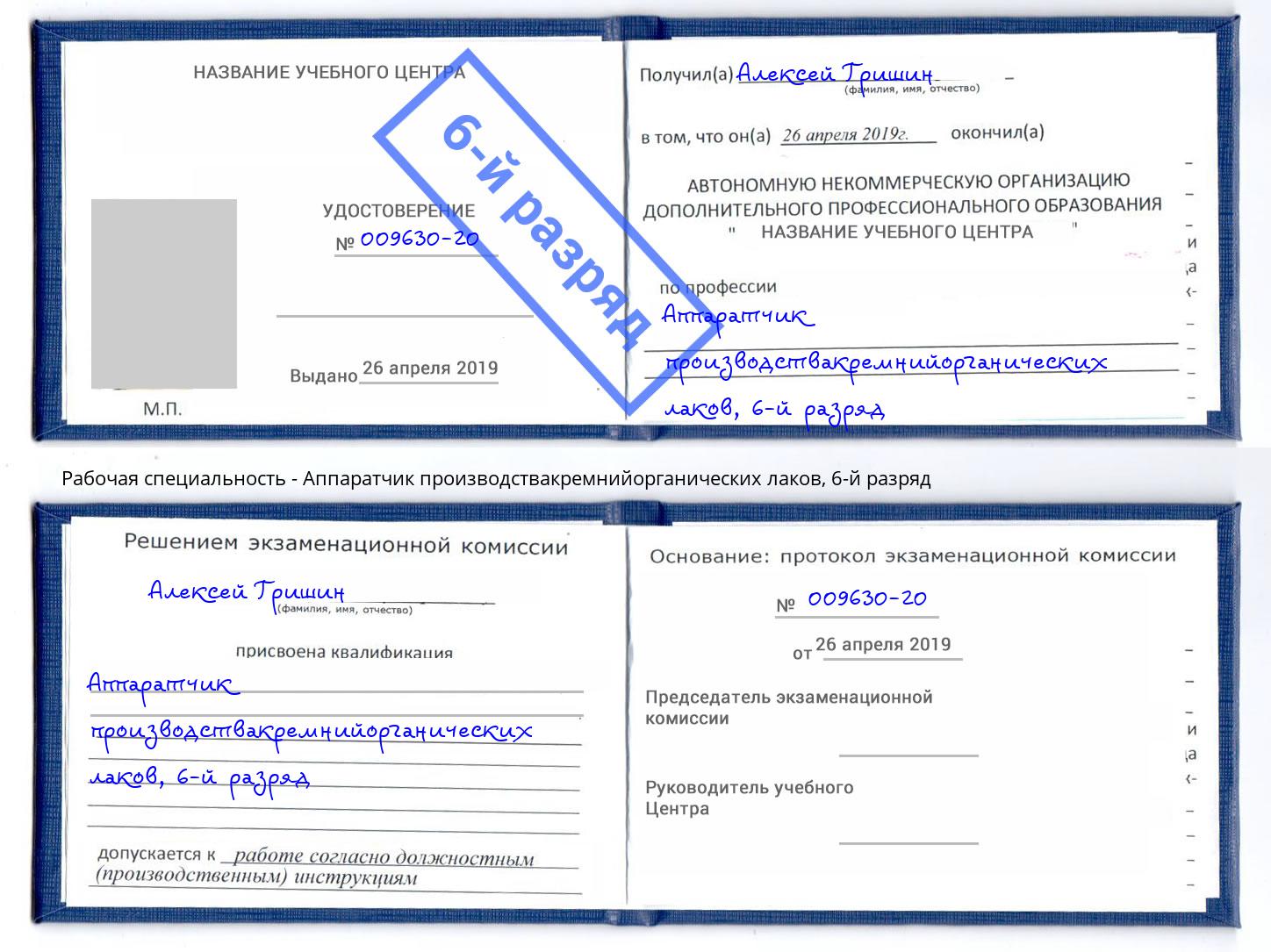 корочка 6-й разряд Аппаратчик производствакремнийорганических лаков Буйнакск