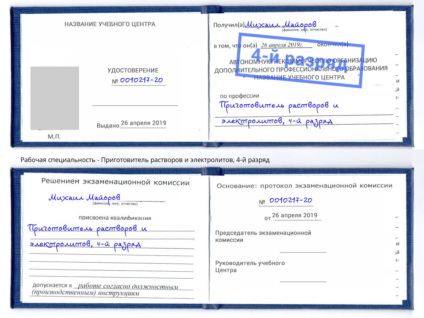 корочка 4-й разряд Приготовитель растворов и электролитов Буйнакск