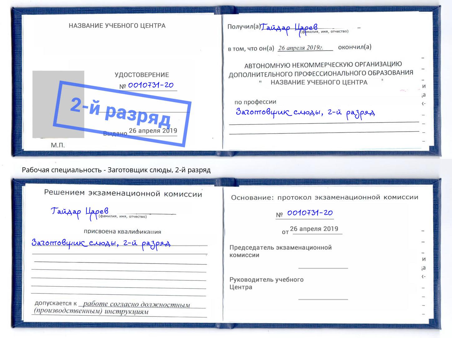 корочка 2-й разряд Заготовщик слюды Буйнакск