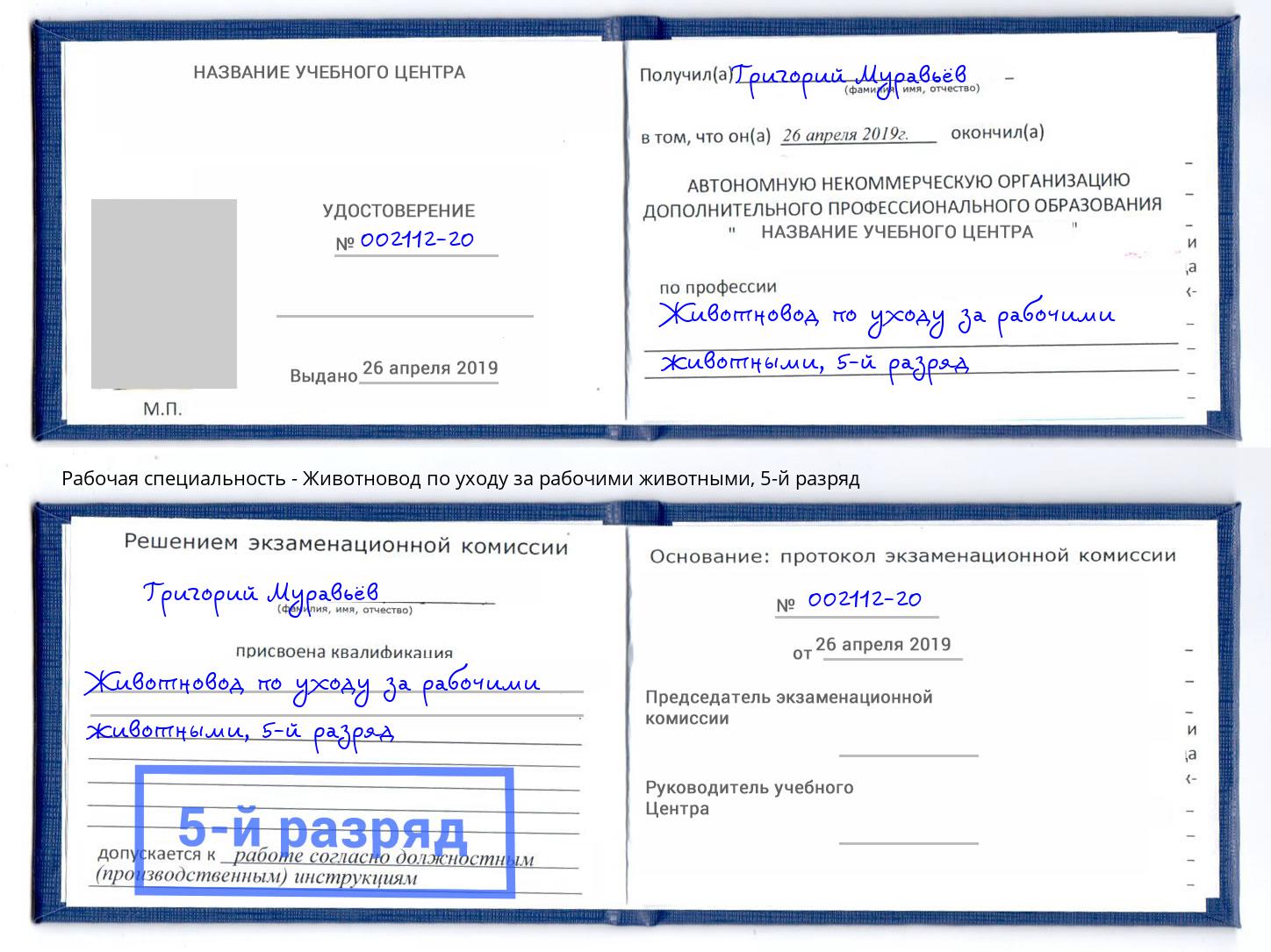 корочка 5-й разряд Животновод по уходу за рабочими животными Буйнакск